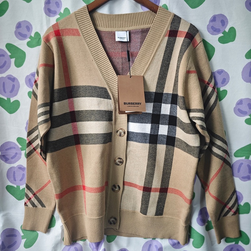 Burberry Tan Plaid V-Neck Cardigan Sweater